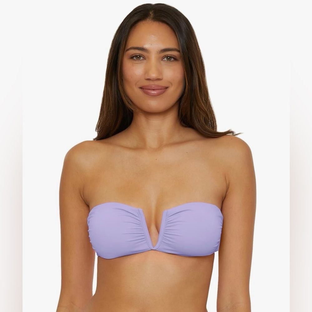 Becca Shirred Bandeau Bikini Top Adjustable Tie Back Bellflower Purple D Xl Nwt